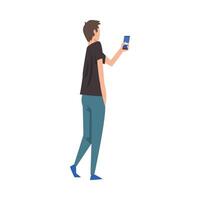 Young man photographing, guy taking photo using smartphone Illustration isolated on a white background. vector