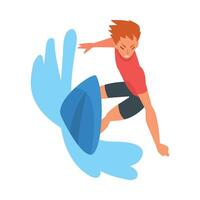 Guy Riding on Ocean Wave, Surfer Character in Swimwear with Surfboard, Recreational Beach Water Sport Illustration vector