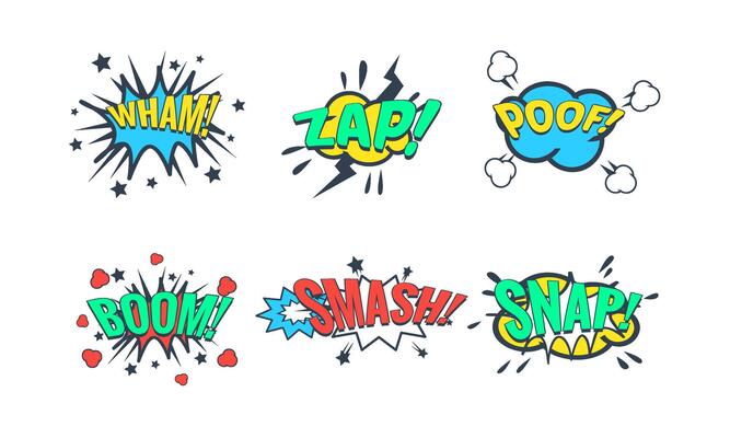 Comic Speech Bubble with Text Set, Comic Sound Effects, Wham, Zap, Poof, Boom, Smash, Snap Illustration