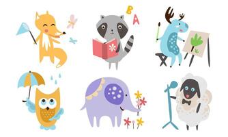 Cute Animals Different Activities Set, Adorable Humanized Animals Characters Playing, Reading Book, Painting, Walking, Singing Illustration vector