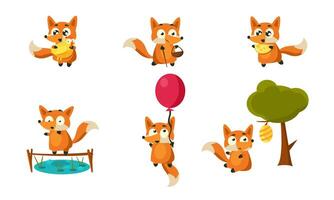 Cute Little Fox Doing Different Activities Set, Adorable Forest Animal Character in Different Situations Illustration vector