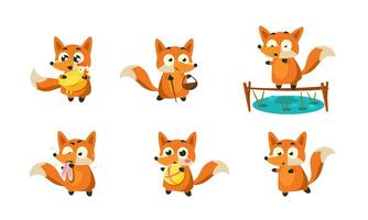 Cute Little Fox Doing Different Activities Set, Funny Forest Animal Character in Different Situations Illustration vector