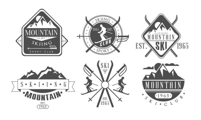 Mountain Skiing Retro Logo Templates Set, Skiing Sport Club Vintage Monochrome Labels Illustration