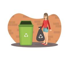 Young Woman Standing with Trash Bag Near Garbage Container, Girl Throwing Garbage into Trash Bin Illustration vector