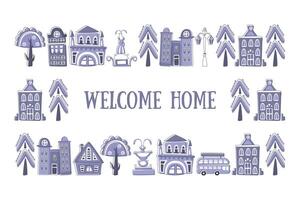 Welcome Home Banner Template, Frame with Hand Drawn Public Buildings, Houses and City Street Objects Illustration vector