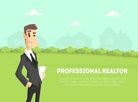 Professional Realtor Banner Template, Businessman, Real Estate Agent Standing on Nature Background with Silhouettes of Buildings Illustration vector
