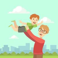 Happy Dad Holding Smiling Son on His Hands, Father and His Child Having Good Time Together, Happy Family Illustration vector