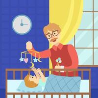 Cheerful Father Entertaining Baby in Cot with Bed Carousel Happy Family Illustration vector