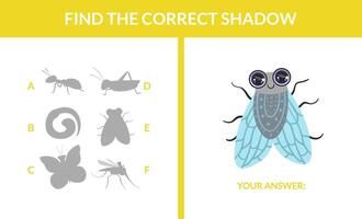 Matching Game with Cute Flying Insects, Find the Correct Shadow Educational Game for Kids Illustration vector
