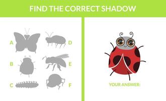 Matching Game with Cute Insects, Find the Correct Shadow Educational Game for Kids Illustration vector