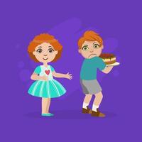 Greedy Boy Not Sharing Cake with Girl, Bad Behavior Illustration vector