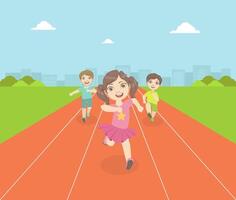 Boys and Girl Running Race Tracks of Stadium at Competition, Front View Illustration vector