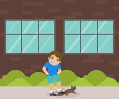 Cruelty Boy Going to Step on Tail of Cat, Bad Behavior Illustration vector
