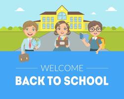 Welcome Back to School Banner Template, Cute Kids in Uniform Standing in Front of School Building Illustration vector