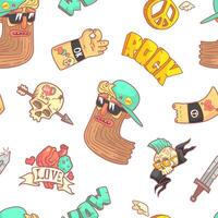 Rock Music Seamless Pattern, Musician, Tattoo, Skull with Arrow, Gesturing Hands Stickers Design Element Can Be Used for Wallpaper, Background Illustration vector