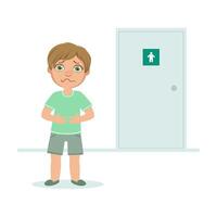 Boy with Full Bladder Wanting to Pee, Kid Standing in Front of WC Door Illustration vector