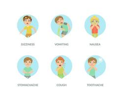 Cute Boy Suffering from Different Symptoms Set, Dizziness, Vomiting, Nausea, Stomach Ache, Cough, Toothache Illustration in Fla Style vector