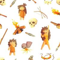 Stone Age Seamless Pattern with Prehistoric People and Hunting Tools, Design Element Can Be Used for Wallpaper, Packaging, Background Illustration vector