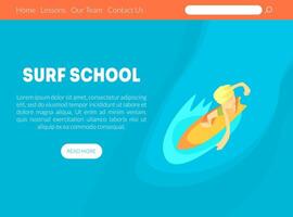 Surf School Landing Page Template with Space for Text and Surfer Riding Wave on Surfboard in Ocean Illustration vector