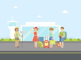Tourist Guide Waiting for Guests at Airport, Group of Cheerful Tourist with Luggage Standing in Front of Airport Building Illustration vector