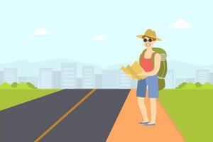 Male Hitchhiker Traveling with Backpack and Map, Guy Trying to Stop Car on Highway By Hand, Person Travelling By Autostop Illustration vector