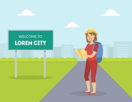 Female HitchhikerTraveling with Backpack and Map, Girl Trying to Stop Car on Highway By Hand, Person Travelling By Autostop Illustration vector