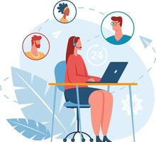 Friendly female call center agent providing 24h online customer service, using laptop and headset, talking with clients, sending and receiving emails, solving problems and giving support vector