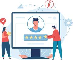 Clients giving five star feedback for excellent customer service on a website, evaluating online technical support assistance and giving positive review vector