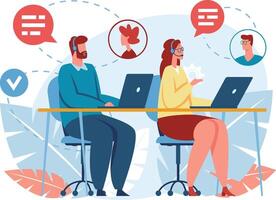 Call center operators wearing headsets are working with laptops and talking to clients, providing online customer service and technical support vector