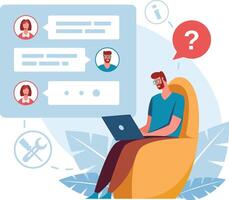 Customer engaging in online technical support, chatting with operators and asking questions while troubleshooting software or device issues. Seeking assistance for effective solutions vector