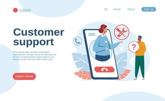 Customer support operator helping client with technical issue using smartphone application, providing online assistance, solving problems, giving advice and instruction vector
