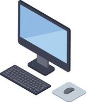 Isometric view of a desktop computer setup, featuring a monitor, keyboard, and mouse on a mousepad, representing modern workplace technology and digital productivity vector