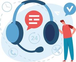Headset with microphone and speech bubble representing online support and customer service operator ensuring 247 availability for technical assistance and problem solving vector