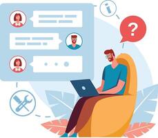 Customer sitting in armchair and using laptop is chatting with customer service, asking question and receiving technical support from operators vector