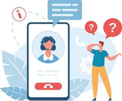 Online support center operator helping customer solving problems using mobile app and providing technical assistance, troubleshooting and information to client vector