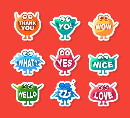 Cute Monsters Stickers Set, Funny Colorful Emoji Characters with Words In Their Mouths Illustration