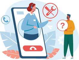 Customer service agent assisting a client by demonstrating settings and repair options within a mobile app, addressing inquiries for online support and troubleshooting needs vector