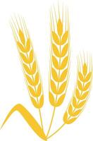 Three stylized wheat stalks are forming a simple composition, with a single leaf at their base, representing agriculture, farming, and harvest vector