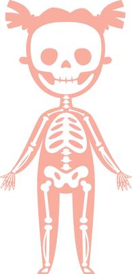 Stylized x ray of a child skeleton, showing bones and skull, with pigtails, useful for medical or educational purposes, standing on a white background
