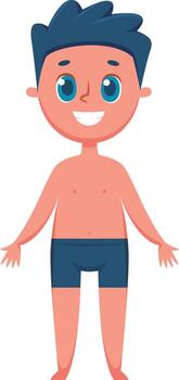 Full length illustration of a happy boy wearing blue swimsuit, standing with open arms and smiling, in a cartoon style over white background vector