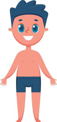 Full length illustration of a happy boy wearing blue swimsuit, standing with open arms and smiling, in a cartoon style over white background