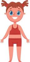 Full length illustration of a happy cartoon girl wearing a red sports bra and shorts, smiling with pigtails and open arms, isolated on a white background vector