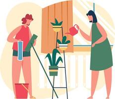 Two women are doing housework, one is cleaning windows with a squeegee and a bucket of water, while the other is watering plants on a metal rack vector