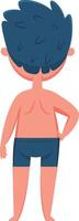 Back view of a boy in a blue swimsuit, standing confidently with one hand on his hip. Enjoying a carefree moment, embodying the playful spirit of summer at the beach or pool vector