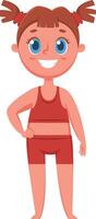 Cheerful little girl with pigtails and sparkling blue eyes, wearing bright red underwear and beaming with joy, embodies a playful and innocent spirit in her expression vector