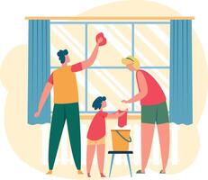 Happy family cleaning windows in their living room, parents guiding their child in learning chores, fostering teamwork and togetherness while maintaining a bright and cheerful home environment vector