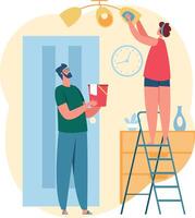 Man holding a bucket while woman cleaning a ceiling lamp from a ladder, showcasing teamwork in housekeeping and home maintenance, creating a tidy and organized living space vector
