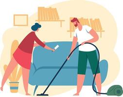 Man using vacuum cleaner and woman cleaning sofa with lint roller, working together to tidy up their living room, depicting household chores and teamwork in maintaining a clean home environment vector
