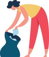 Volunteer collecting paper waste and placing it in a garbage bag, actively participating in cleaning the environment, embodying the spirit of social responsibility and community service vector