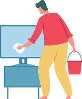 Man carefully wiping computer monitor screen with microfiber cloth, holding red bucket with cleaning solution, ensuring hygiene and clear display vector